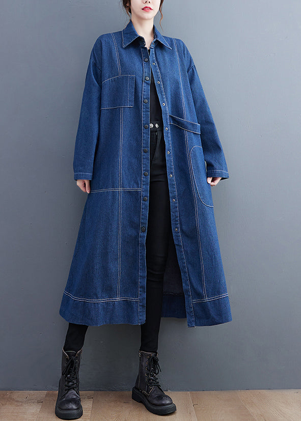 Blue Patchwork Denim Long Trench Coat Peter Pan Collar Long Sleeve Fall