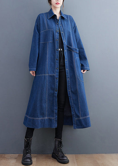 Blue Patchwork Denim Long Trench Coat Peter Pan Collar Long Sleeve Fall