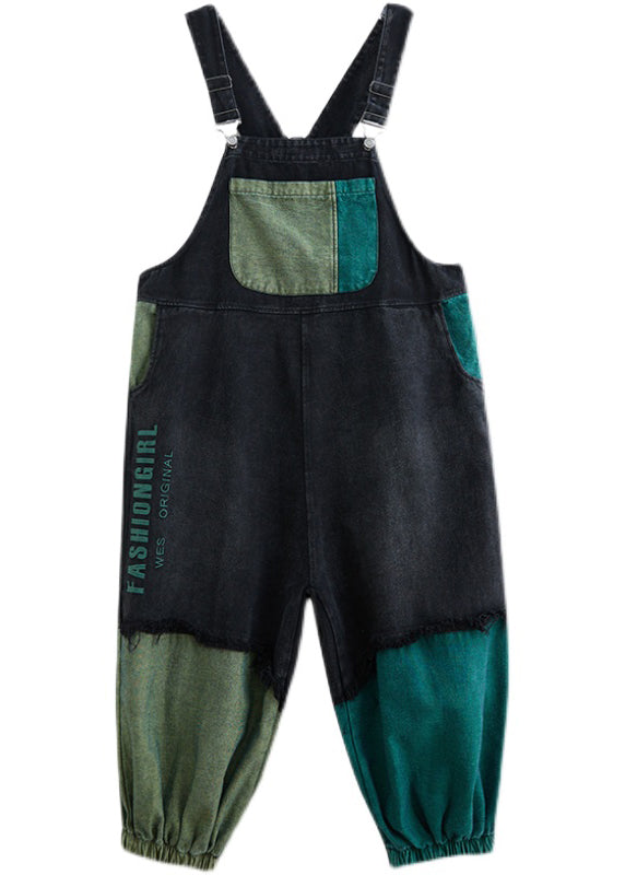 Black Asymmetrical Pocket Cotton Denim Jumpsuit Spring