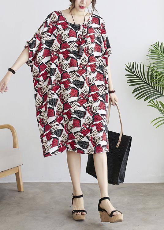 Diy Red Print Batwing Sleeve Summer Chiffon Dress