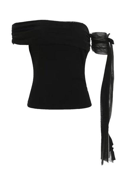 Slim Fit Black Cold Shoulder Bow Tulle T Shirt Tops Summer