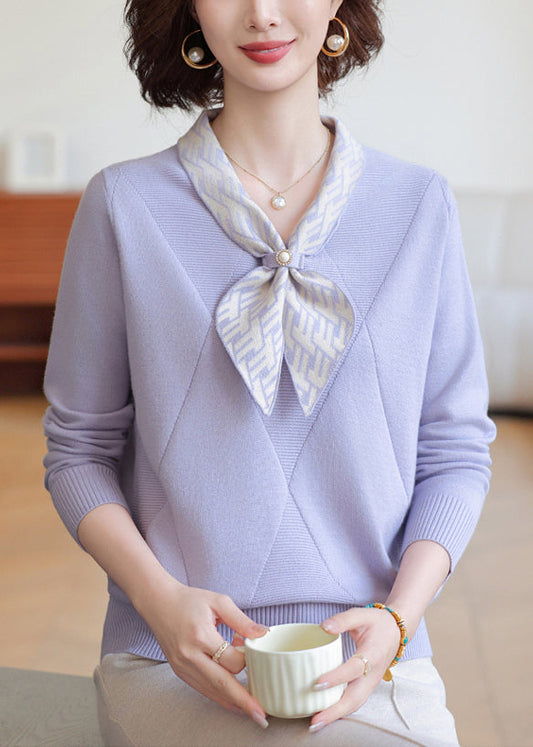 Lavender Bow Neck Striped Knit Shirts Winter