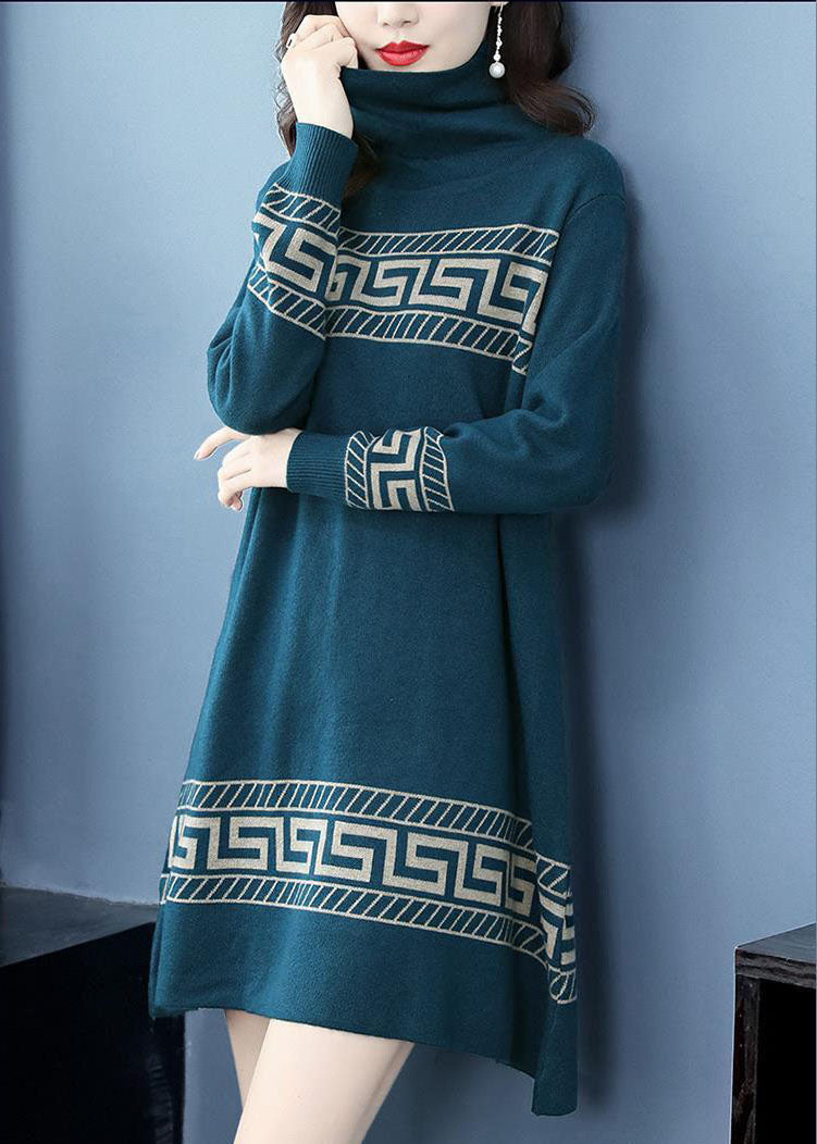 Blue Turtle Neck Thick Print Long Sweater Long Sleeve