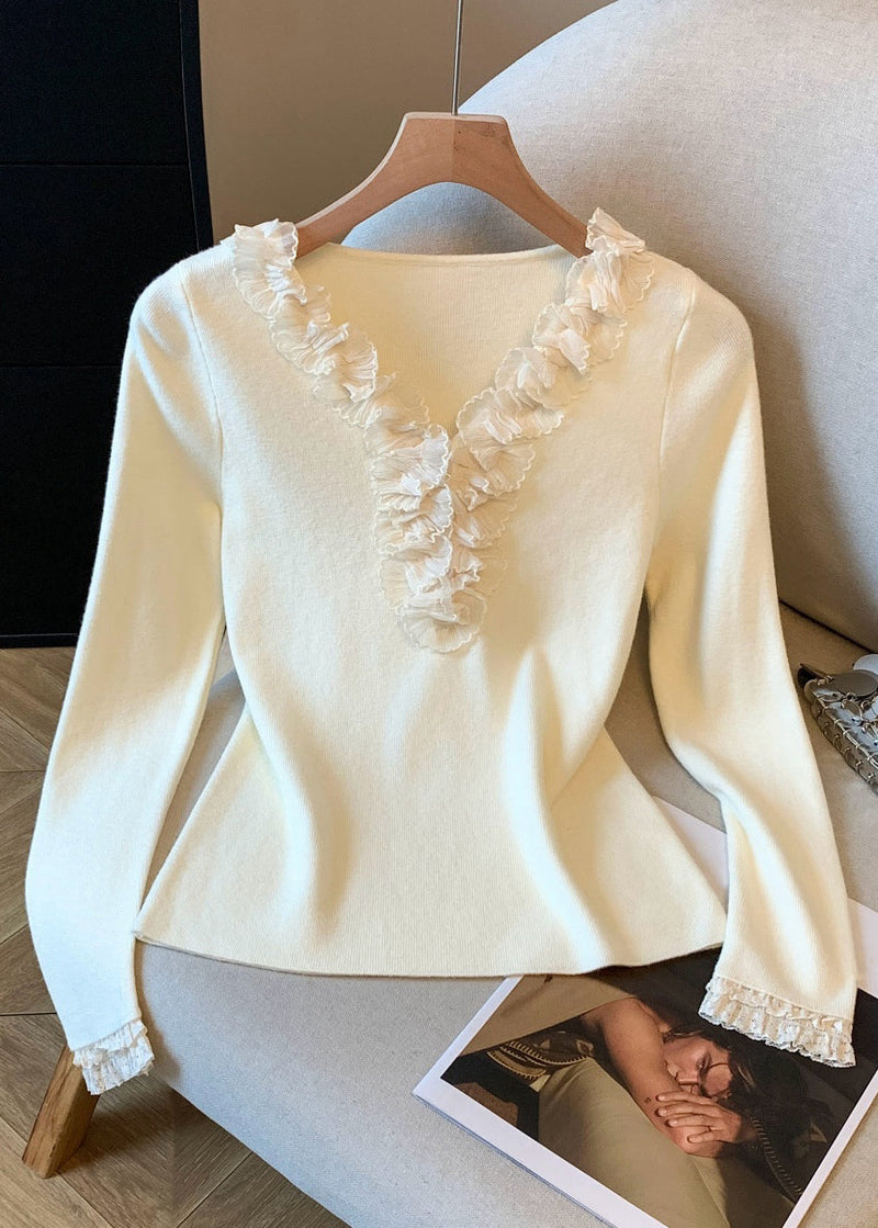 Slim Fit Apricot Ruffled Knitting Cotton T Shirt Top