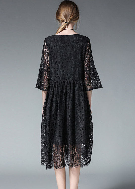 Black O-neck Hollow Out Lace Party Dress Flare Sleeve