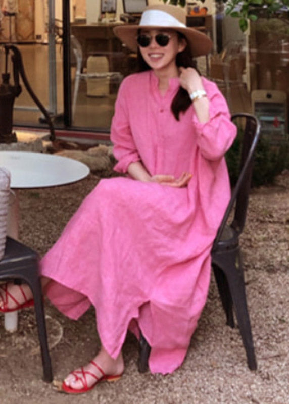 Stylish Pink V Neck Button Side Open Low High Design Linen Dress Long Sleeve