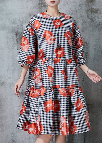 Natural Black Puff Sleeve Plaid Cotton Dresses