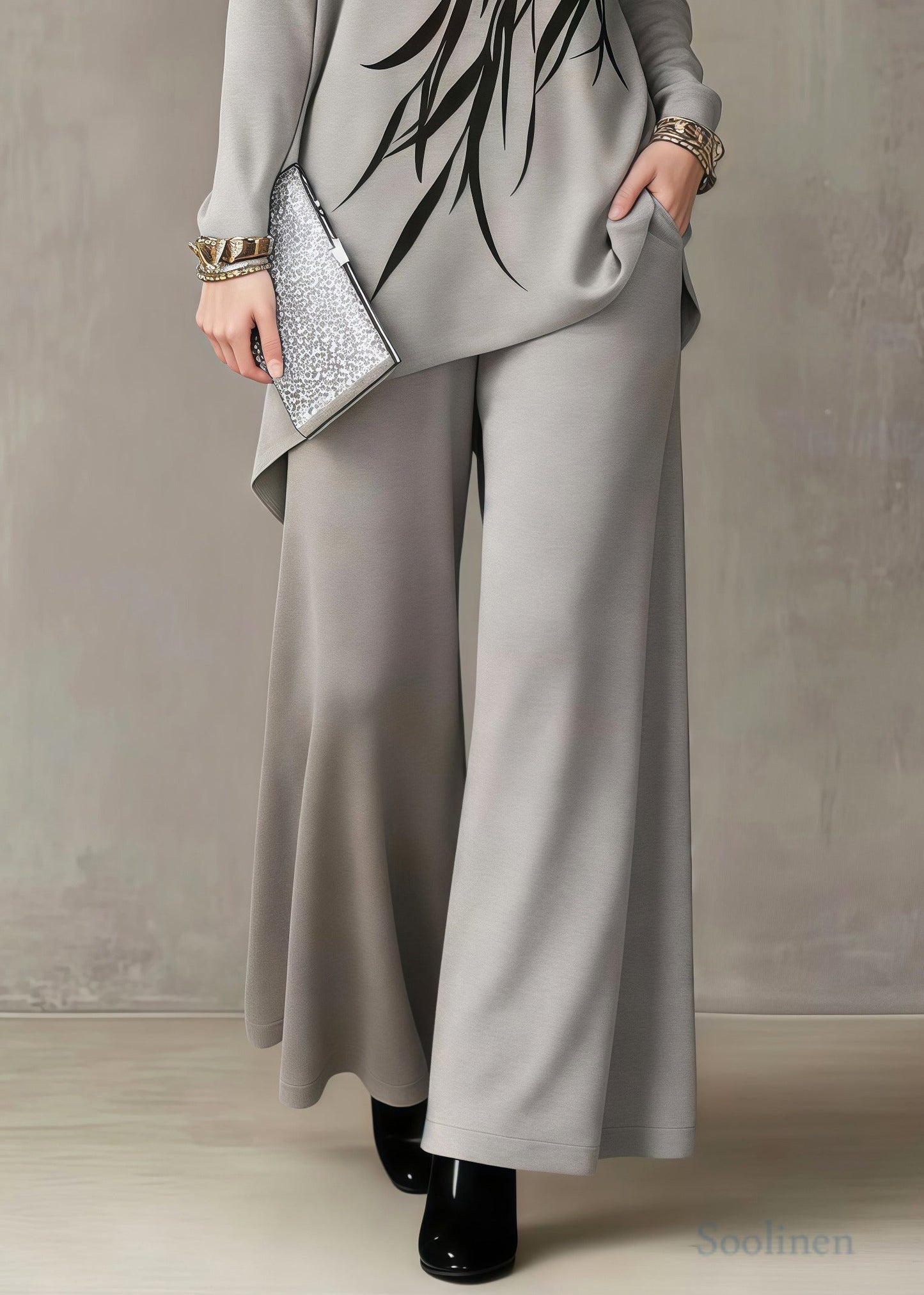 Khaki Print Knit Two Piece Suit Set Asymmetrical Stand Collar Spring