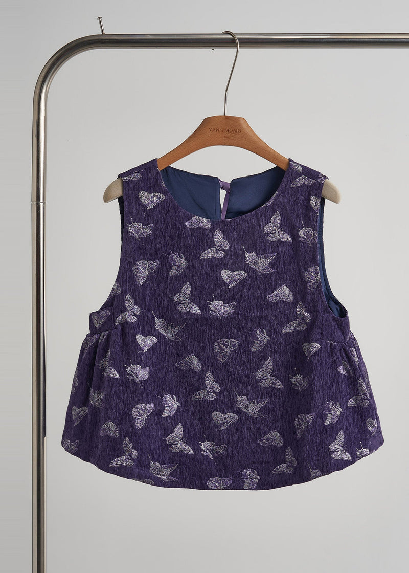 Art Purple Embroidered Butterfly Silk Velvet Two-piece Set Sleeveless