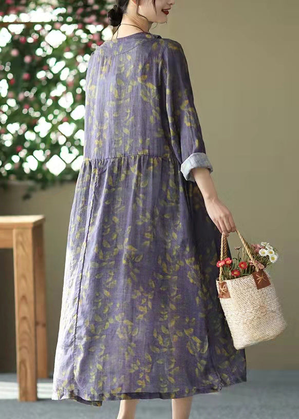 Purple O-neck Cinched Button Print Linen Dress Long Sleeve