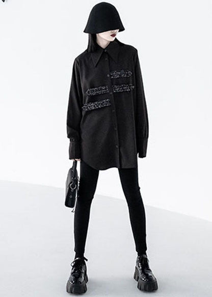 Black Peter Pan Collar Button Sequins Cotton Shirt Tops Long Sleeve