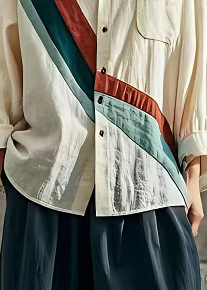Apricot Peter Pan Collar Striped Patchwork Top Long Sleeve