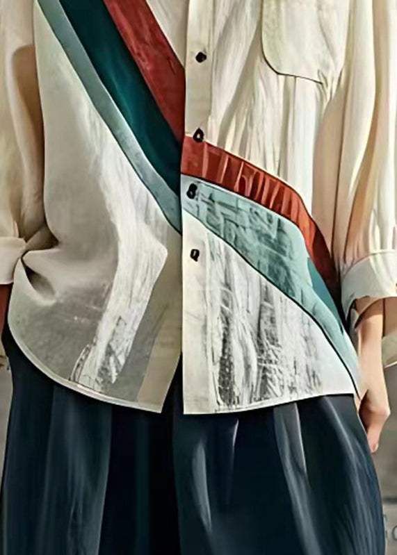 Apricot Peter Pan Collar Striped Patchwork Top Long Sleeve