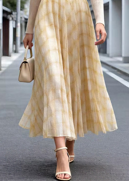 Yellow Plaid Wrinkled Tulle Skirt Summer