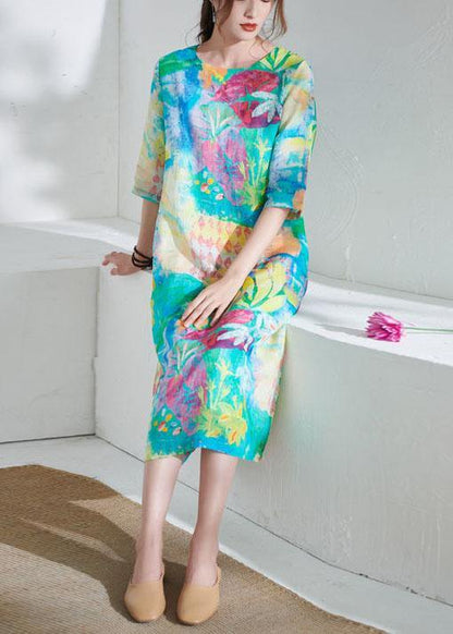 Comfy Blue O-neck Patchwork Print Summer Ramie Party Dress