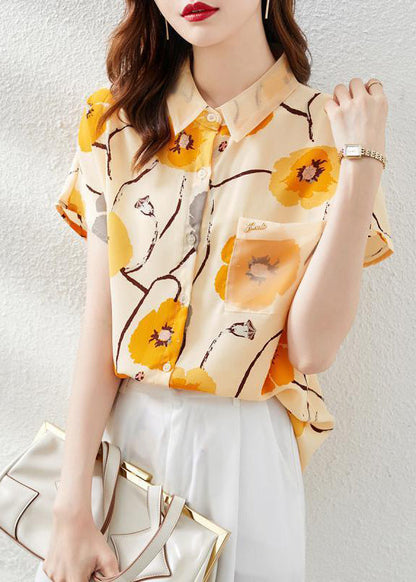 Art Black Peter Pan Collar Print Pockets Chiffon Shirt Short Sleeve
