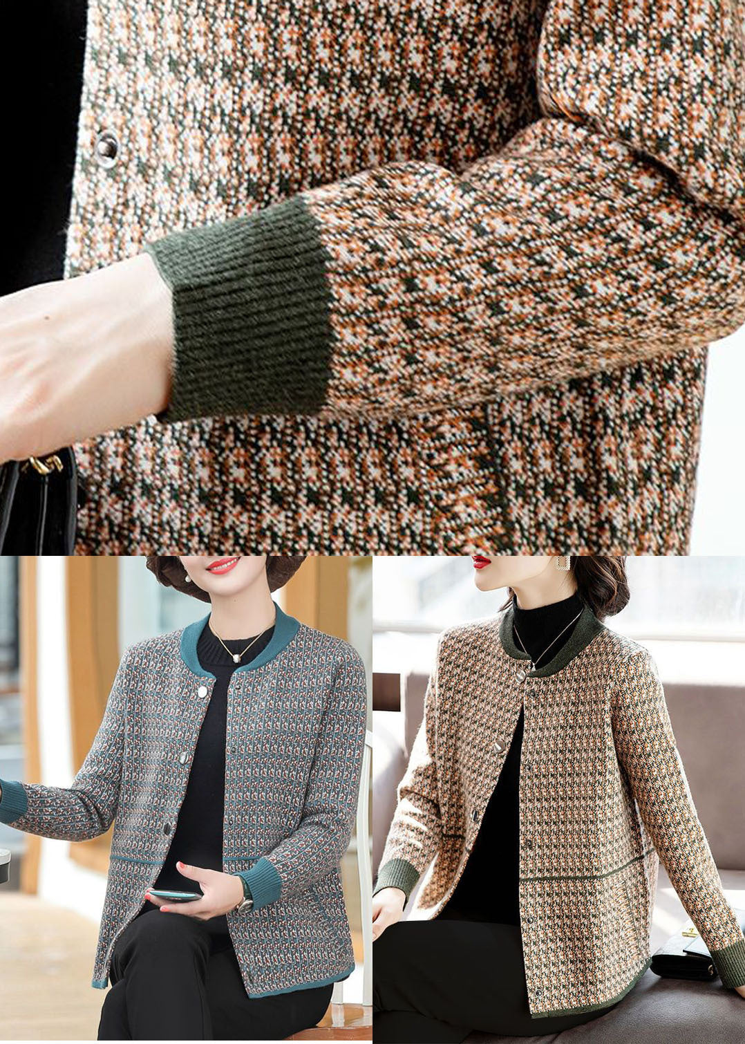 Stylish Blue O-neck Pockets Patchwork Woolen Coats Long Sleeve