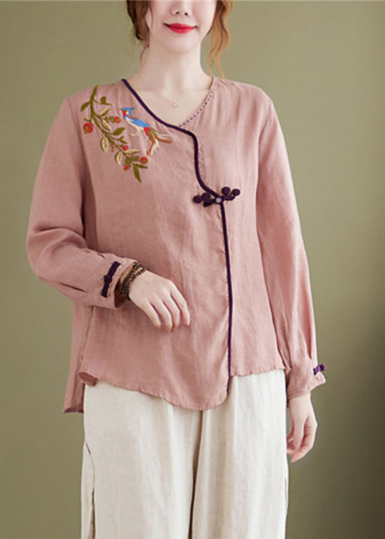 Pink Embroideried Asymmetrical Design Patchwork Top Long Sleeve