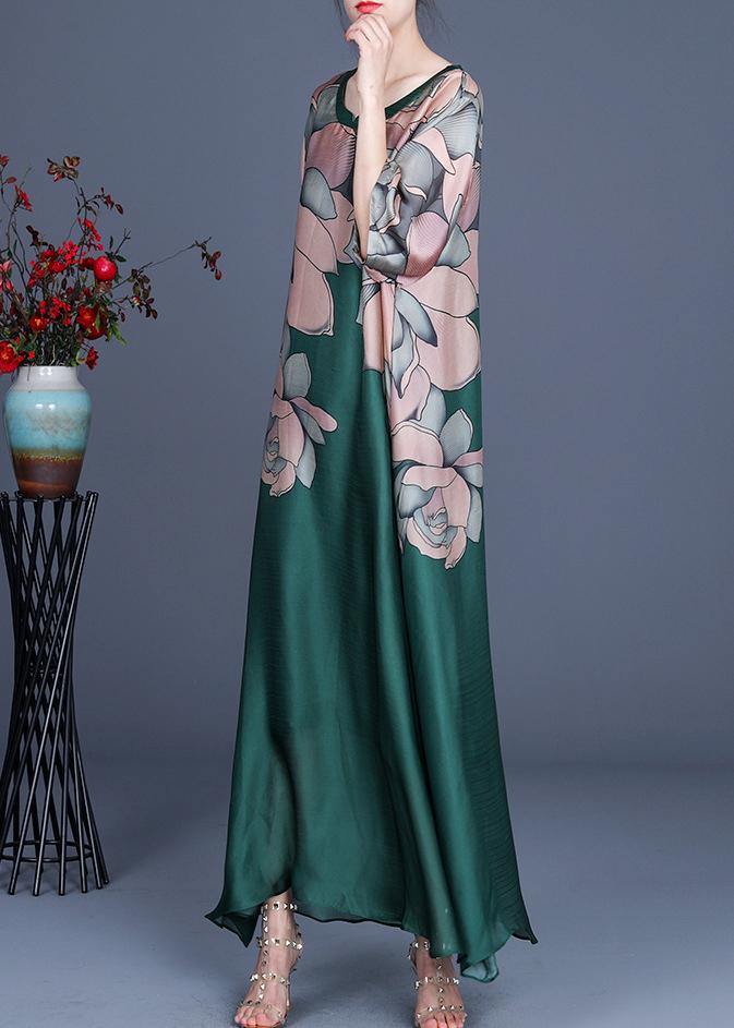 French Green Print Three Quarter Sleeve Silk Summer Dress Two Pieces Set