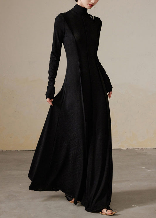 Black Wrinkled Cotton Long Dresses Turtleneck