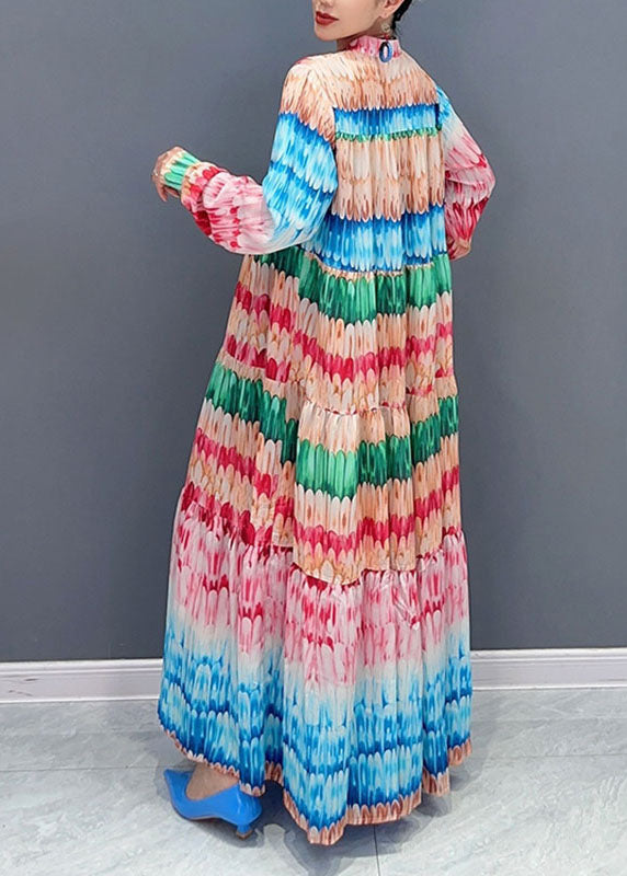Loose O-neck Print Patchwork Long Dresses Long Sleeve