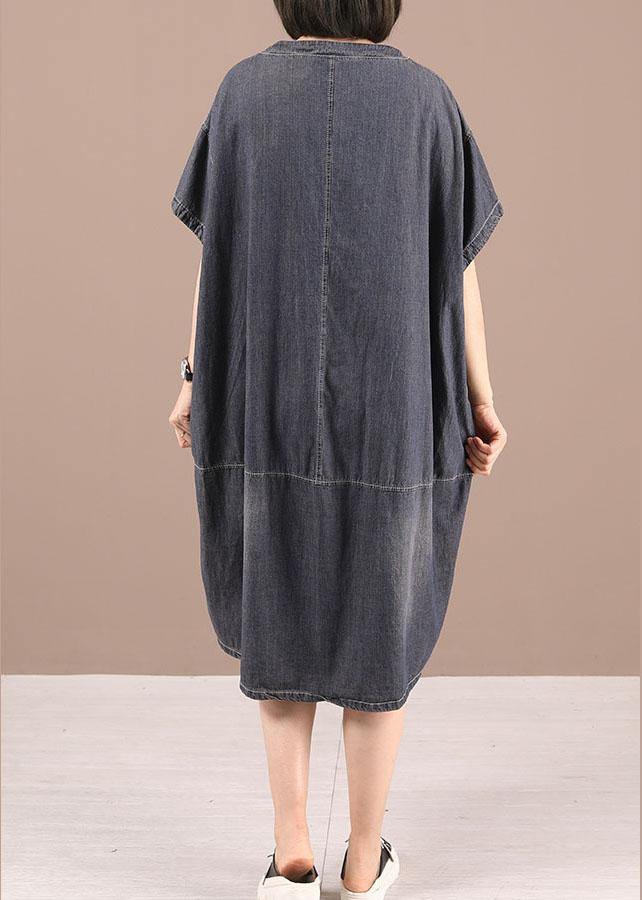 Black V Neck Pockets Denim Summer Maxi Dresses