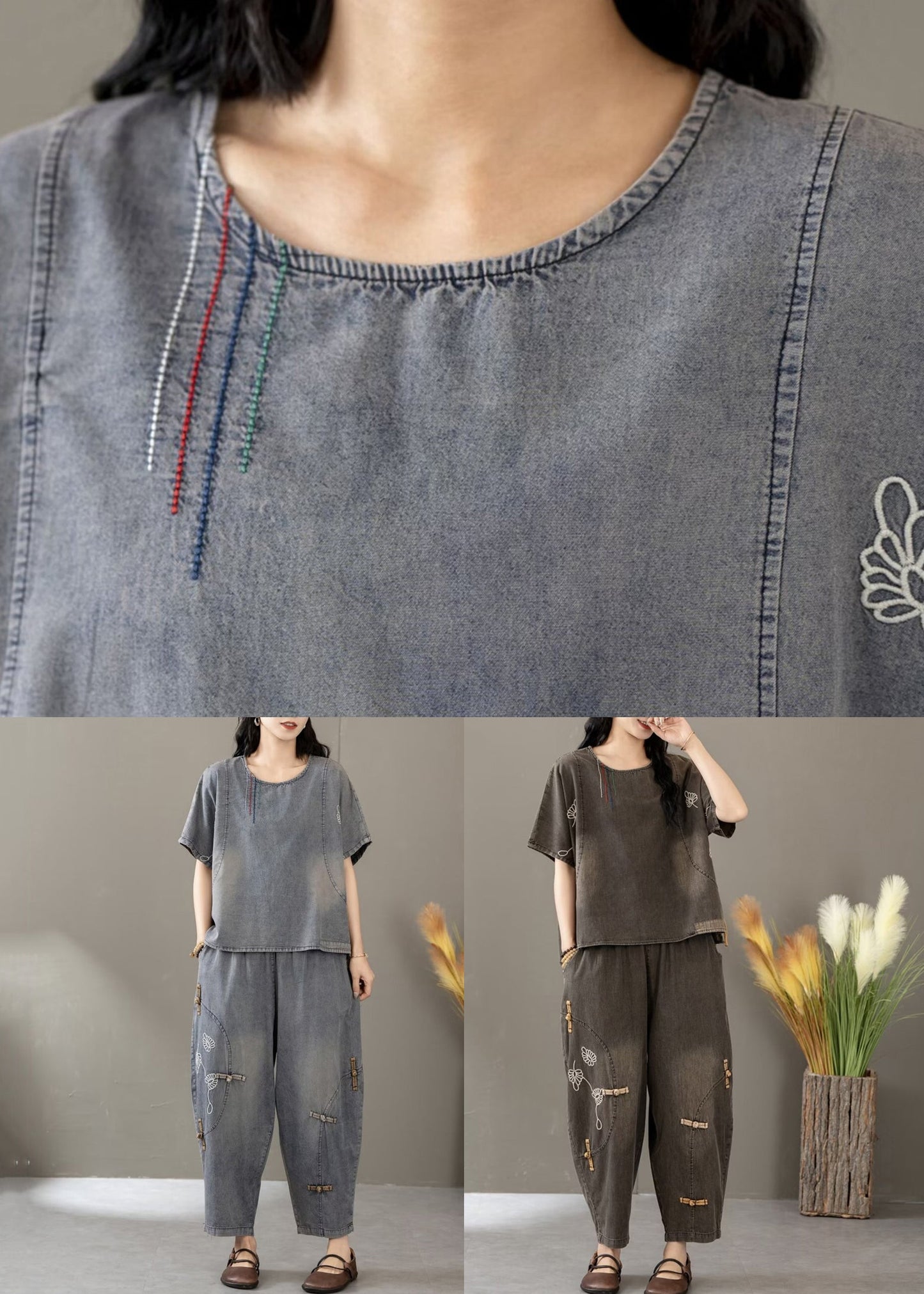 Black Embroidered Elastic Waist Denim Two Pieces Set Summer
