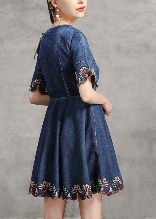 Unique Blue Tie Waist V Neck Embroideried Cotton Denim Dress Flare Sleeve