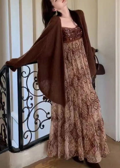 Brown V Neck Knit Cardigans and Long Spaghetti Strap Dress Two Piece Set Spring