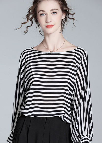 Black O Neck Striped Patchwork Silk Shirt Tops Spring