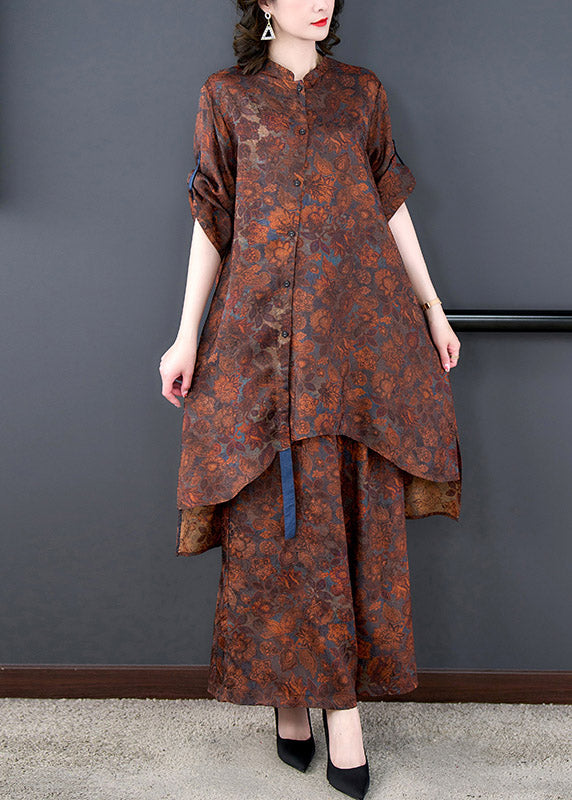Stand Collar Print Low High Design Long Top and Wide Leg Pants Two Pieces Set Summer