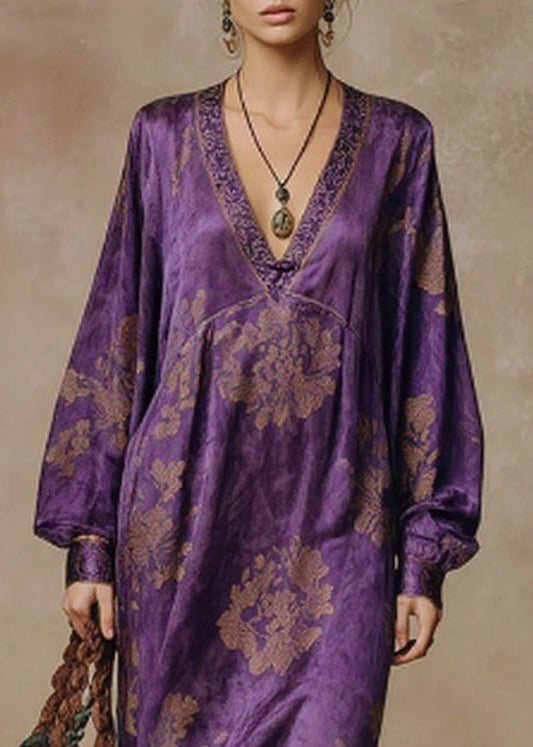 Purple Print Tasseled Patchwork Silk Long Dress O Neck Spring