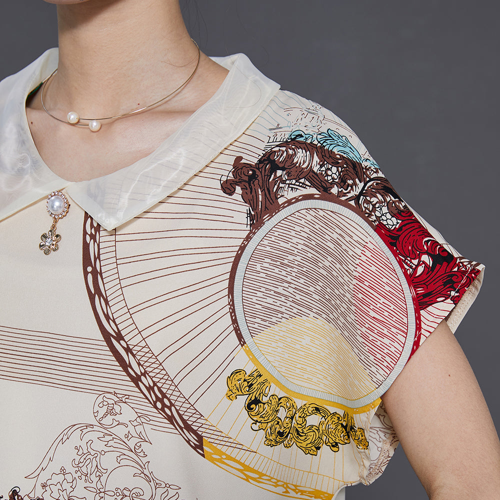 Apricot Peter Pan Collar Print Chiffon Blouse Top Summer