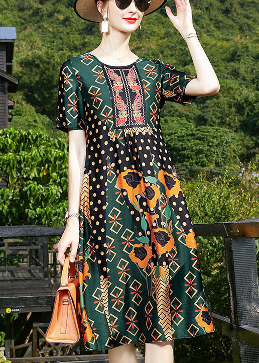 Classy Blackish Green O-neck Patchwork Silk Formal Dress Short Sleeve