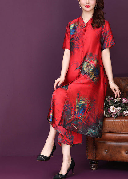 Original Design Red Stand Collar Print Silk Shirt Top and Pants Two Pieces Set Summer