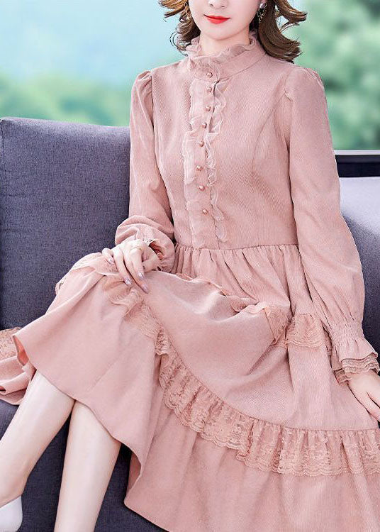 Pink Ruffled Lace Patchwork Exra Large Hem Silk Velour Dress Spring