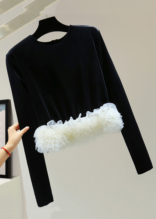 Modern Coffee O-neck Tulle Patchwork Silk Velvet Sweater Winter