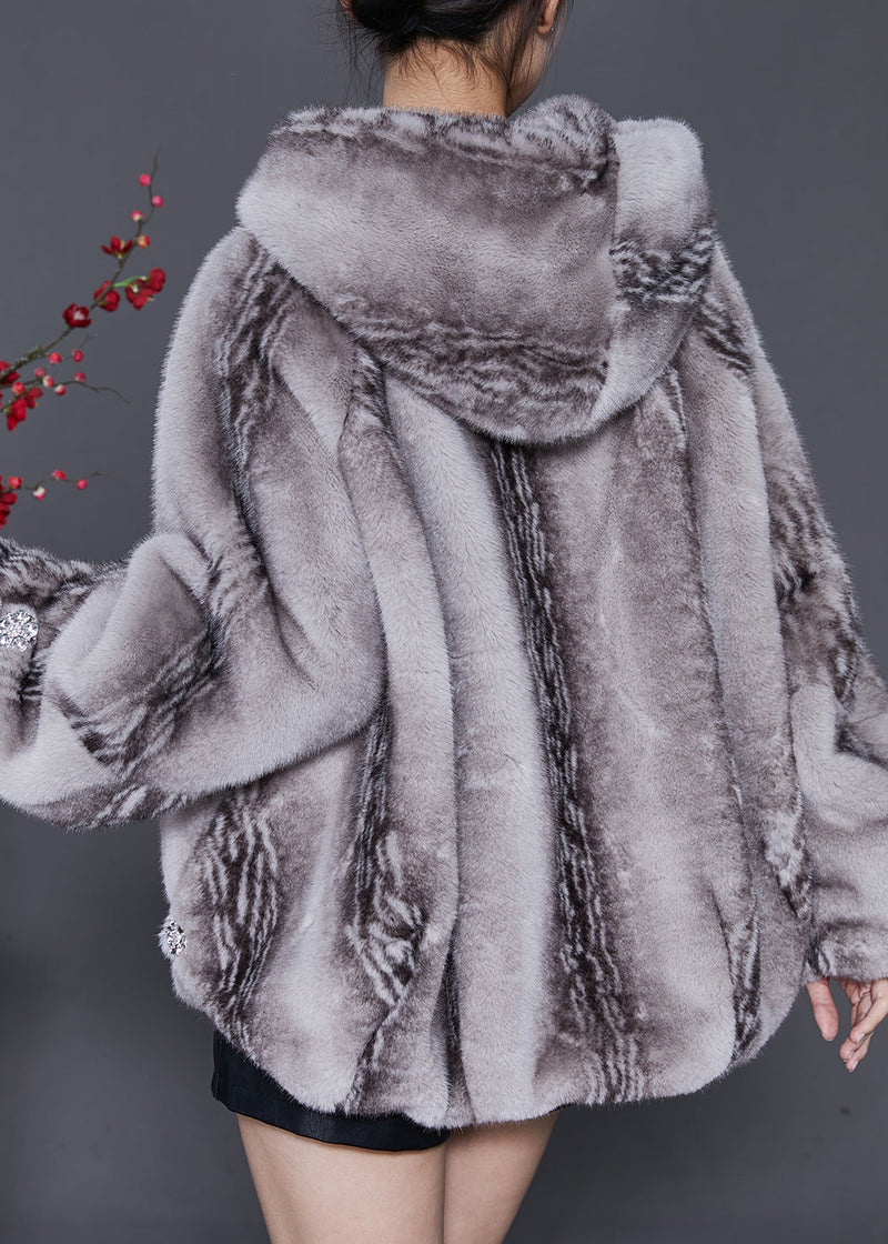 Grey Hooded Pockets Mink Velvet Coats Winter