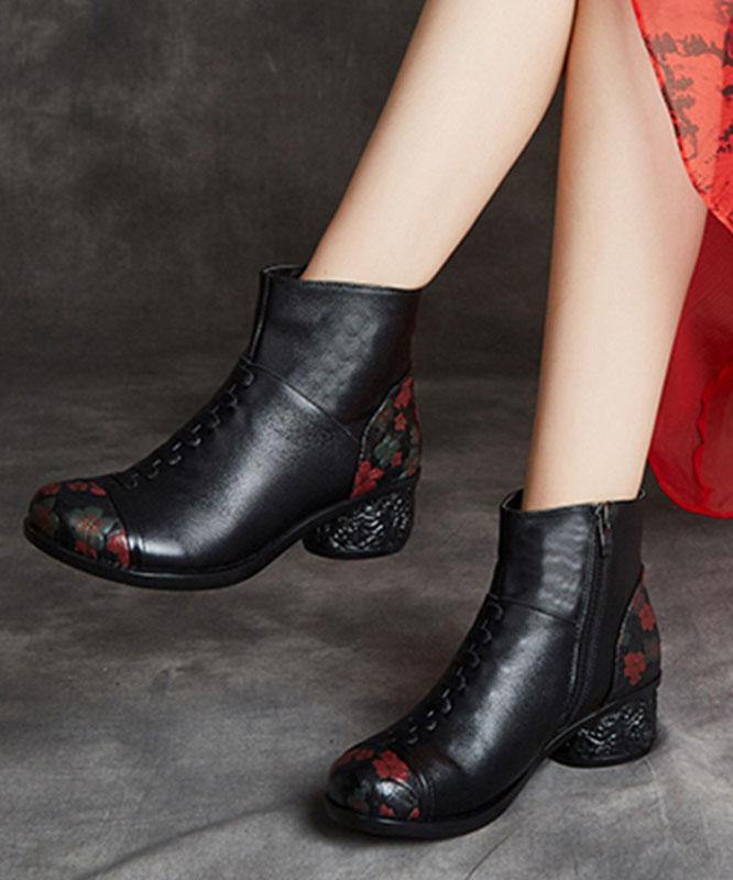 Black Boots Chunky Cowhide Leather Embossed Boots
