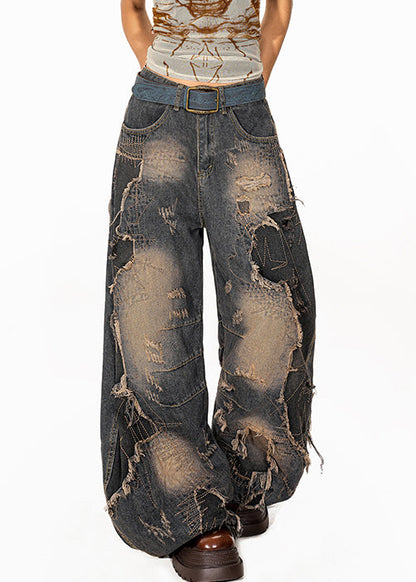 Denim Blue Pockets High Waist Ripped Jeans Fall