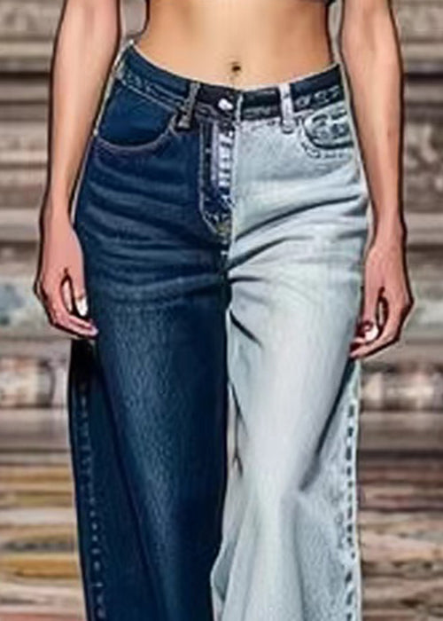 Colorblock Asymmetrical Pockets High Waist Denim Crop Pants Summer