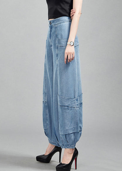 Light Blue High Waist Pockets Cotton Denim Lantern Pants Summer