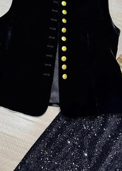 Black O-neck Button Silk Velour Waistcoat Sleeveless