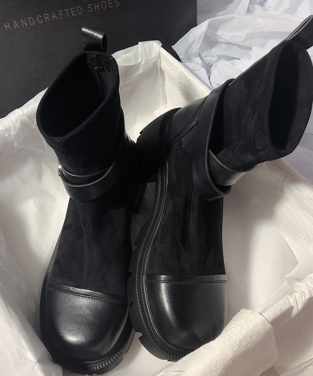 Grey Cowhide Leather Splicing Suede Boots