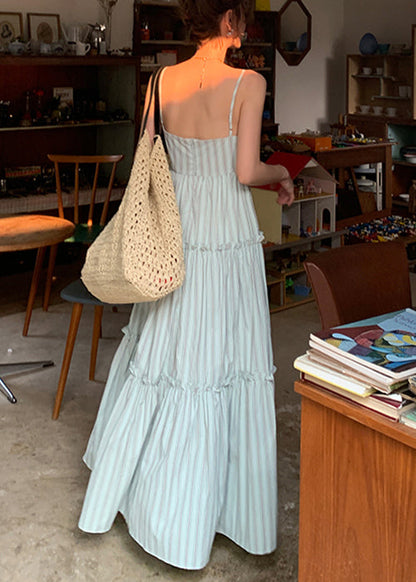 Striped Ruffled High Waist Cotton Spaghetti Strap Dress Sleeveless