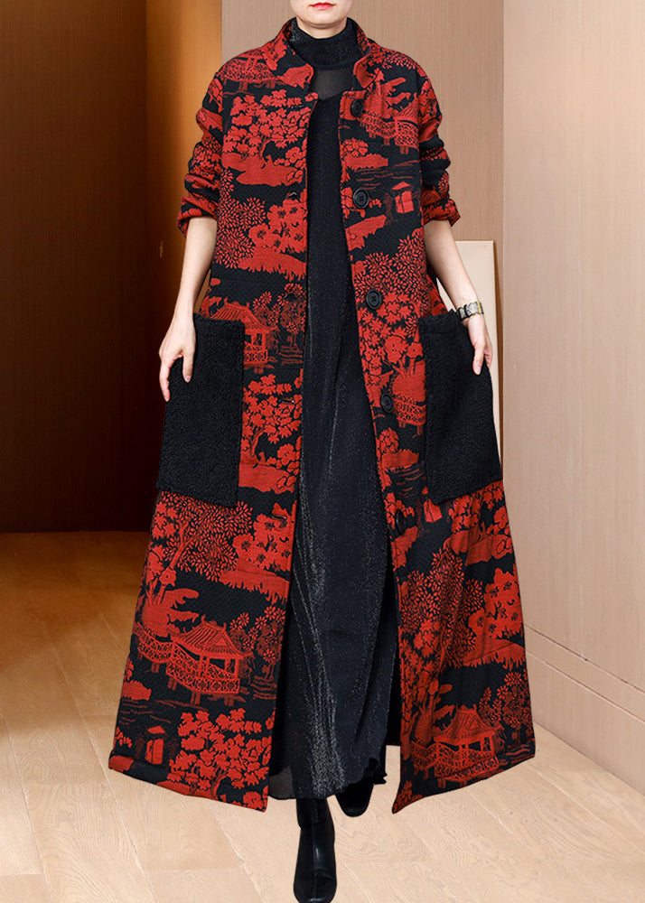 Red Jacquard Pockets Fine Cotton Filled Coat Winter