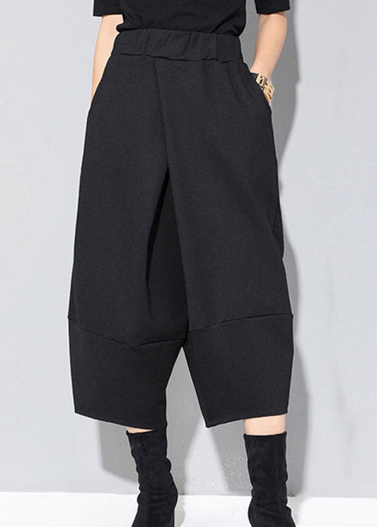 Modern Black Elastic Waist Patchwork Pockets Fall Wide Leg Pants
