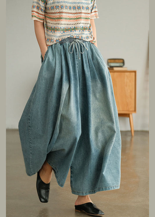 Loose Blue Cinched Pockets Denim Wide Leg Pants Spring