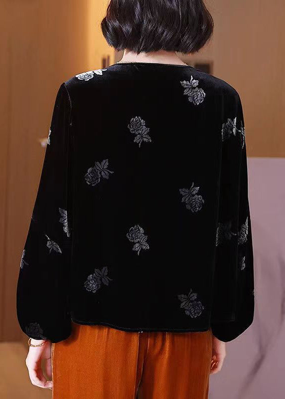 Black Tasseled Print Patchwork Velour Top Lantern Sleeve