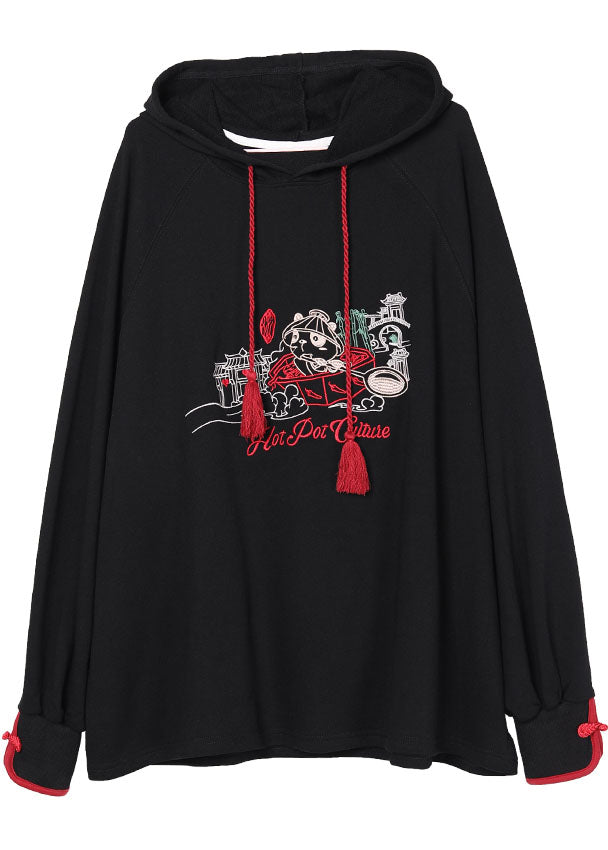 Black Hooded Embroideried Drawstring Fall Loose Sweatshirts Top